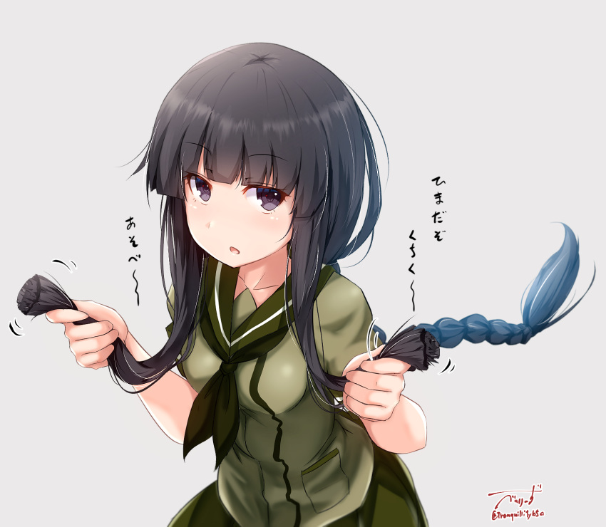 1girl artist_name baileys_(tranquillity650) black_hair braid collarbone commentary_request eyebrows_visible_through_hair green_neckwear green_sailor_collar green_serafuku green_skirt grey_background highres kantai_collection kitakami_(kantai_collection) long_hair neckerchief open_mouth pleated_skirt purple_eyes sailor_collar short_sleeves signature simple_background skirt solo translation_request twin_braids twitter_username