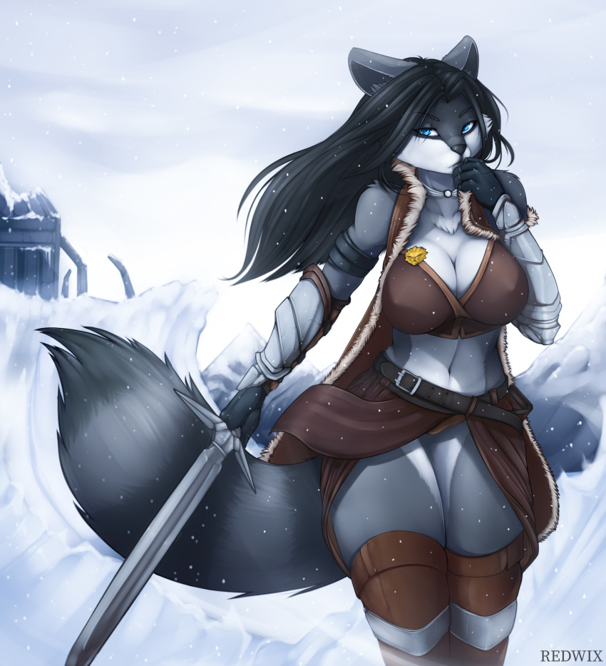 2019 absurd_res animal_genitalia anthro armor black_hair black_nose blue_eyes breasts clothed clothing detailed_background digital_media_(artwork) female fur hair hi_res holding_object holding_weapon ice jewelry legwear mammal melee_weapon procyonid raccoon redwix sila_dione snow solo standing sword tundra weapon