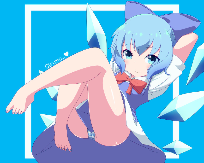 1girl absurdres arms_behind_head bare_legs barefoot blue_background blue_dress blue_eyes blue_hair bow bowtie character_name cirno closed_mouth commentary_request crossed_legs dress eyebrows_visible_through_hair eyes_visible_through_hair feet hair_bow highres ice ice_wings leg_lift looking_at_viewer lying on_back panties pantyshot pantyshot_(lying) puffy_short_sleeves puffy_sleeves red_neckwear romaji_text shikabane_homura short_hair short_sleeves simple_background smile solo striped striped_panties toenail_polish toenails toes touhou underwear wings