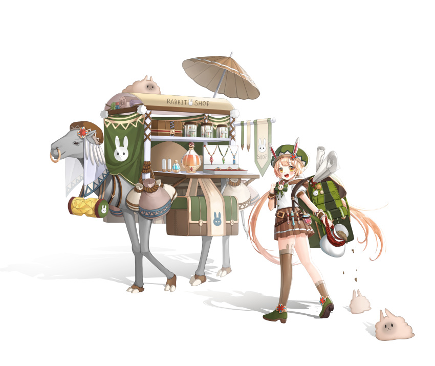 1girl absurdres animal_print backpack bag blonde_hair brown_skirt bunny_print camel commentary_request daengdaeng eyebrows_visible_through_hair green_backpack green_footwear green_headwear hat highres looking_at_viewer original paper potion shirt shop short_hair short_sleeves simple_background single_thighhigh skirt solo tagme thighhighs white_background white_shirt yellow_eyes