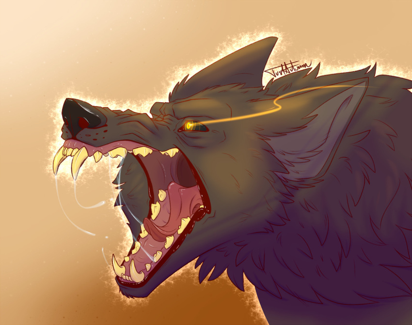 ambiguous_form ambiguous_gender angry black_nose black_sclera bodily_fluids canid canine fur glowing glowing_eyes grey_fur justautumn mammal open_mouth saliva signature solo teeth tongue yellow_eyes yellow_teeth