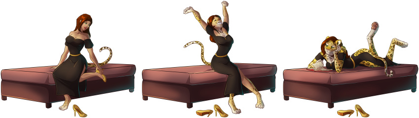 2018 absurd_res alpha_channel animal_humanoid anthro barefoot bed book breasts clothing dress eyes_closed felid felid_humanoid female footwear hair hi_res high_heels humanoid humanoid_to_anthro katherine_(lurkingwolf) leopard_humanoid lying mammal mammal_humanoid on_bed pantherine pantherine_humanoid pawpads reading red_hair scissorsrunner sequence shoes simple_background smile solo spots stretching transformation transparent_background