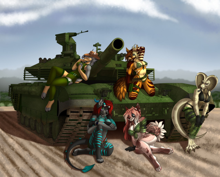 2019 breasts canid canine canis clothed clothing day detailed_background digital_media_(artwork) domestic_dog dragon hair mammal outside red_hair reptile scalie sky snake tales_foxdale tank vehicle wingless_dragon