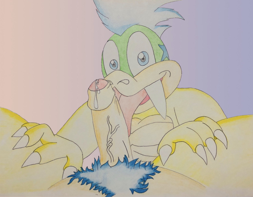2019 absurd_res claws giga_larry happy hi_res humanoid_penis koopa koopaling larry_koopa ludwig_von_koopa male male/male mario_bros nintendo nude oral penis scalie simple_background smile tongue tongue_out traditional_media_(artwork) vein veiny_penis video_games