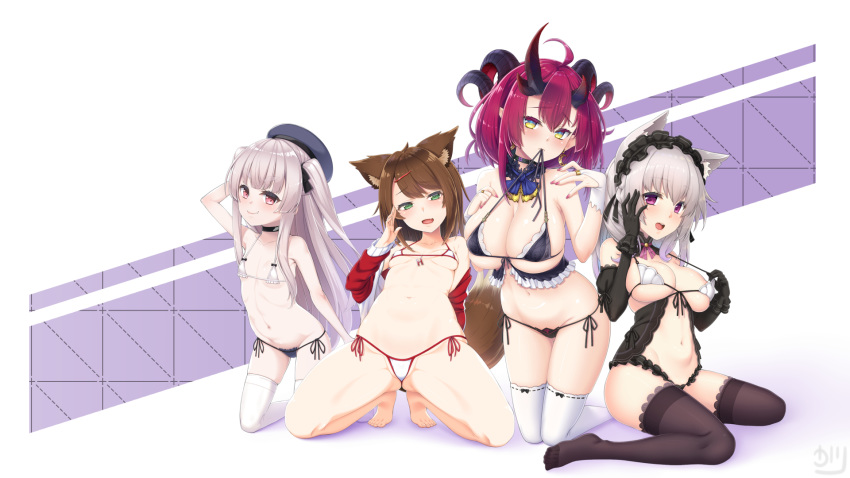 4girls ahoge animal_ear_fluff animal_ears areola_slip areolae arm_up armpits ass_visible_through_thighs bangs bare_shoulders barefoot bikini black_bikini black_bikini_bottom black_choker black_gloves blue_headwear blush breasts brown_hair brown_legwear carrot cat_ears choker cleavage closed_mouth collarbone commentary covered_nipples crotch curled_horns demon_horns detached_collar elbow_gloves eyebrows_visible_through_hair fang flat_chest fox_ears fox_tail frills full_body gloves green_eyes groin hair_between_eyes hair_ornament hairclip hat headdress highres hiiragi_channel hiiragi_ryou horns jacket kneeling large_breasts long_hair looking_at_viewer magrona magrona_channel micro_bikini micro_bikini_top multiple_girls nail_polish navel note_takehana off_shoulder open_mouth osafune_kairi pink_eyes pink_hair purple_background purple_eyes red_hair red_jacket red_nails ribs short_eyebrows signature silver_hair simple_background sitting skin_fang skindentation small_breasts smile spread_legs string_in_mouth sweat swimsuit tail thick_eyebrows thighhighs thighs tomari_mari tomari_mari_channel two_side_up very_long_hair virtual_youtuber wariza white_background white_bikini white_bikini_top white_legwear yellow_eyes