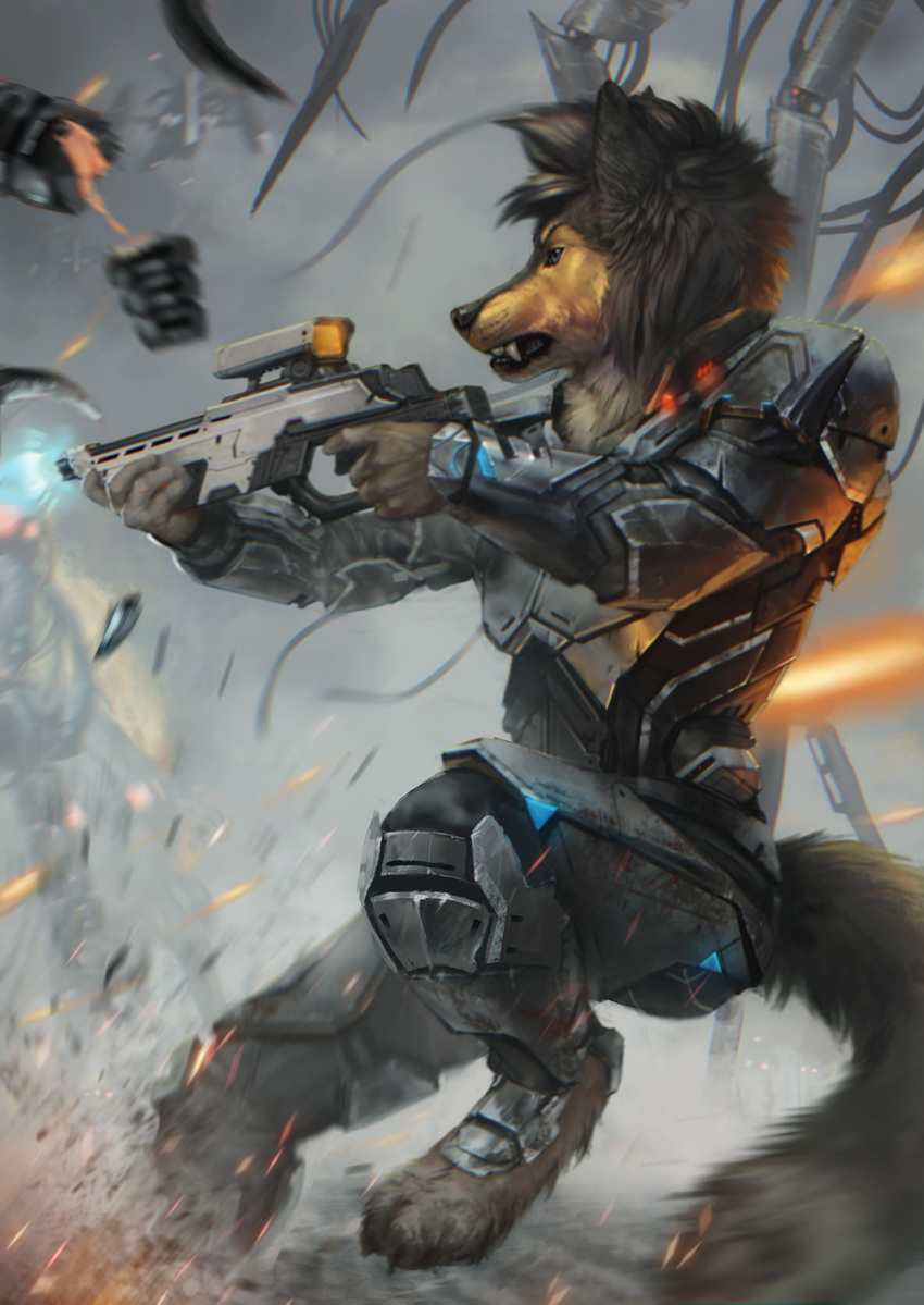 2019 4_toes 5_fingers anthro armor barefoot black_fur black_lips brown_fur canid canine canis clothed clothing conditional_dnp digital_media_(artwork) domestic_dog fingers fur hi_res holding_gun holding_object holding_weapon latex_(artist) lips male mammal solo teeth toes weapon