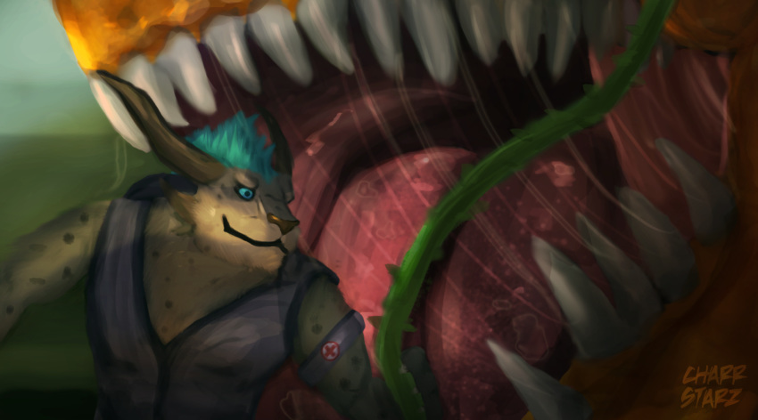 bodily_fluids charr charr_starz dragon dragon_maw escape fangs felid feline guild_wars hi_res horn male mammal open_mouth saliva saliva_string sunny suspense teeth tongue video_games