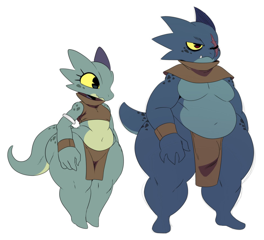 2019 4_fingers anthro big_butt big_legs blue_scales bulge butt clothed clothing duo female fingers flat_chested frown gilly_(sssonic2) gin_(sssonic2) green_scales hi_res kobold loincloth male navel one_eye_closed overweight overweight_male scales scalie scar sharp_teeth simple_background skimpy smile sssonic2 standing teeth thick_thighs white_background wide_hips yellow_sclera