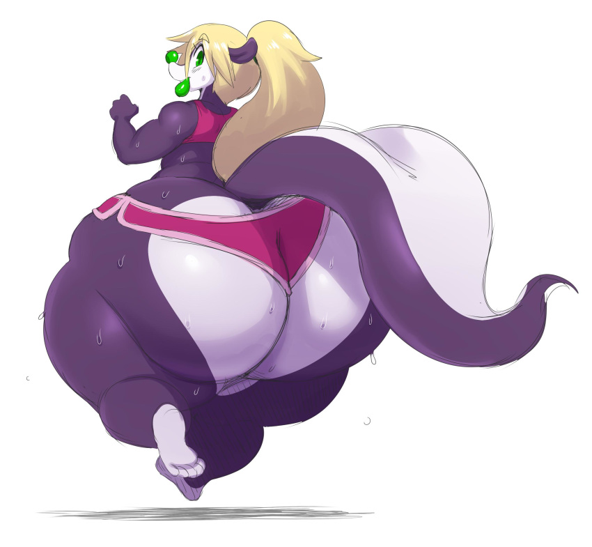 2019 anthro big_butt blonde_hair bodily_fluids butt clothed clothing fur girly green_eyes green_lips green_nose hair hi_res huge_butt huge_hips huge_thighs hyper hyper_butt hyper_hips hyper_thighs jogging josh_(sssonic2) lips long_hair male mammal mephitid obese obese_male overweight overweight_male ponytail purple_fur rear_view simple_background skunk solo sssonic2 sweat thick_lips thick_thighs white_background white_fur wide_hips