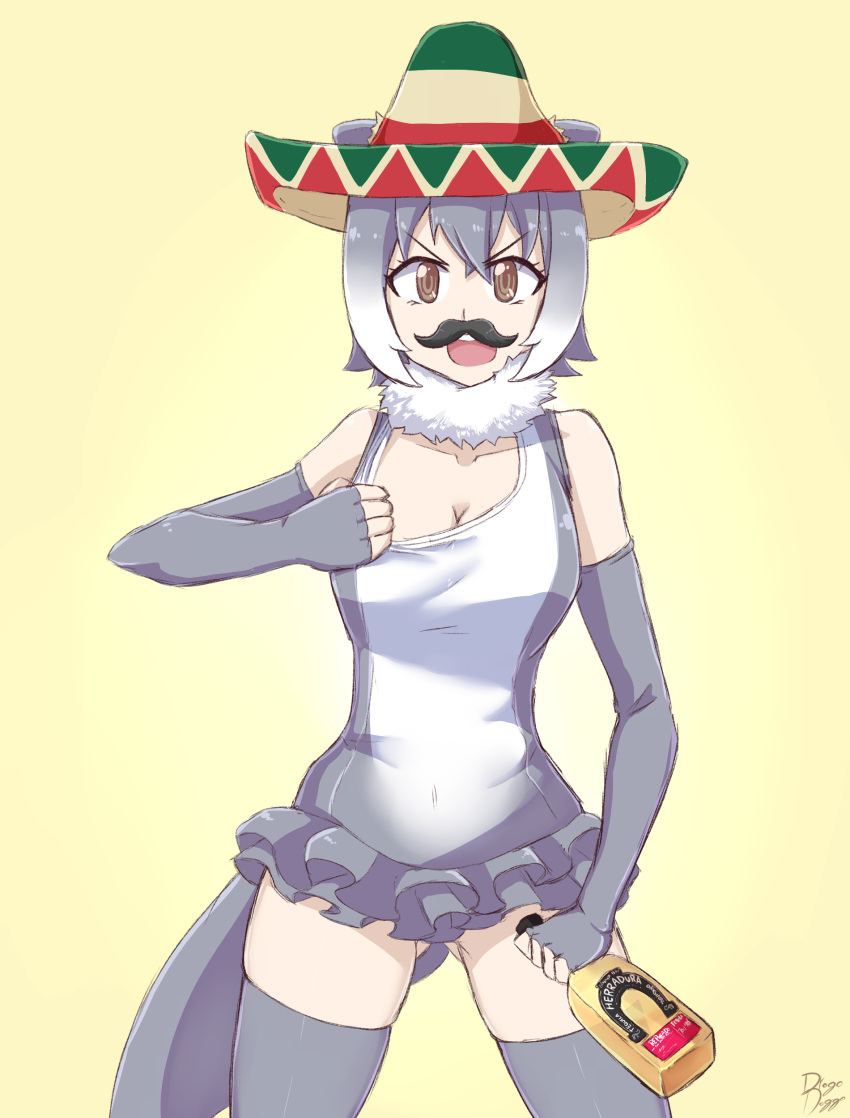 :d absurdres animal_ears artist_request ass_visible_through_thighs bare_shoulders bottle breasts brown_eyes cleavage collarbone cowboy_shot ears_through_headwear elbow_gloves facial_hair fingerless_gloves gloves grey_gloves grey_hair grey_legwear hat highres kemono_friends looking_at_viewer medium_breasts mexican mustache one-piece_swimsuit open_mouth otter_ears otter_tail short_hair simple_background skindentation small-clawed_otter_(kemono_friends) smile sombrero source_request swimsuit tail tequila thighhighs v-shaped_eyebrows yellow_background