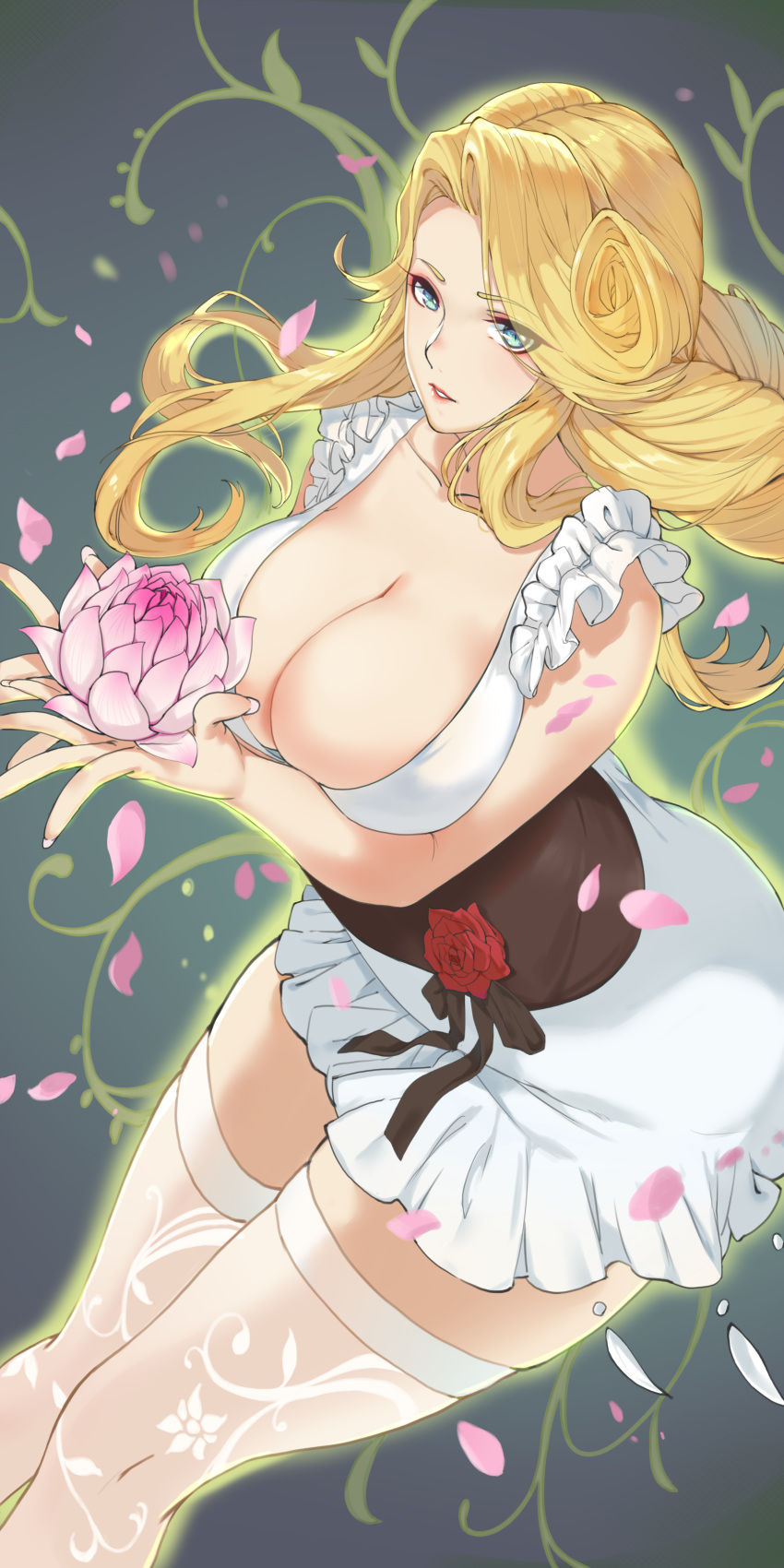 1girl absurdres ass black_ribbon blonde_hair blue_eyes breasts character_request cleavage corset cyphers dress drill_hair flower frilled_dress frills heiyu highres holding holding_flower large_breasts lipstick long_hair looking_at_viewer lotus makeup nail_polish parted_lips petals pink_flower print_legwear red_flower red_lipstick red_rose ribbon rose sash short_dress solo taut_clothes taut_dress thighhighs white_dress white_legwear zettai_ryouiki