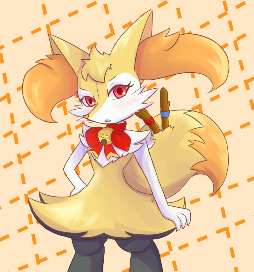 &lt;3 2019 anthro bell black_fur blush braixen canid canine digital_media_(artwork) fan_character female fortuna_(unknownlifeform) fur heart_nose hi_res inner_ear_fluff jingle_bell looking_at_viewer mammal neck_bow nintendo open_mouth orange_background orange_fur pattern_background pok&eacute;mon pok&eacute;mon_(species) red_eyes simple_background solo stick unknownlifeform video_games white_fur yellow_fur