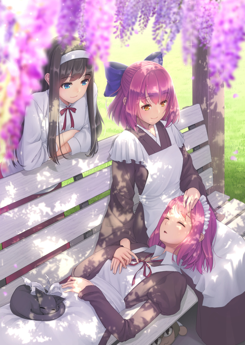 4girls :3 absurdres apron bangs bench black_cat black_hair blue_eyes blurry bow cat chibi chibi_inset closed_eyes dappled_sunlight day depth_of_field dress elbow_rest eyebrows_visible_through_hair flower frilled_apron frills grass hair_bow hairband hand_on_another's_head highres hisui holding_hands japanese_clothes juliet_sleeves kimono kohaku lap_pillow long_hair long_sleeves lying maid maid_apron maid_headdress multiple_girls neck_ribbon nekoarc nyan_c on_back orange_eyes outdoors parted_lips petals puffy_sleeves purple_hair ribbon siblings sidelocks sisters sitting sleeping smile sparkle sunlight toono_akiha tsukihime wa_maid when_you_see_it wide_sleeves