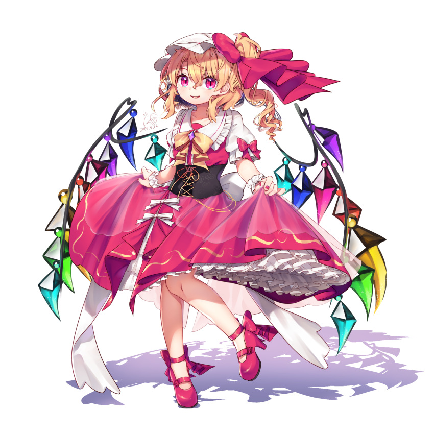 1girl ankle_ribbon blonde_hair bow commentary_request dated embellished_costume eyebrows_visible_through_hair fang fingernails flandre_scarlet full_body gunjou_row hair_between_eyes hat high_heels highres knees_together_feet_apart leg_lift lifted_by_self mob_cap open_mouth petticoat puffy_short_sleeves puffy_sleeves red_bow red_eyes red_footwear red_nails red_skirt red_vest ribbon shadow shirt short_hair short_sleeves side_ponytail sidelocks signature simple_background skirt skirt_lift slit_pupils solo standing standing_on_one_leg touhou underbust vest white_background white_headwear white_shirt wings wrist_cuffs