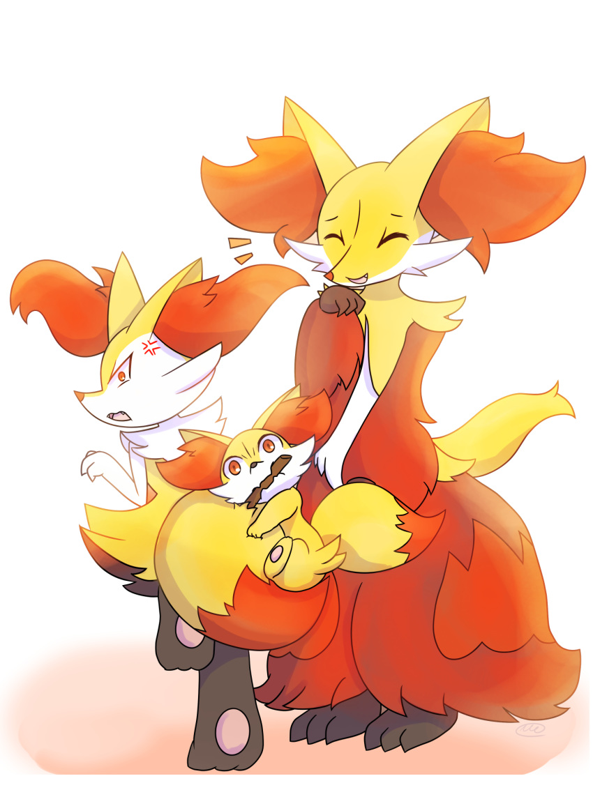 2019 3_toes ambiguous_gender anthro black_fur braixen canid canine cross-popping_vein delphox digital_media_(artwork) dipstick_tail evolutionary_family eyes_closed fennekin feral fur group hi_res humor inner_ear_fluff laugh level_difference looking_at_viewer mammal multicolored_tail nintendo object_in_mouth open_mouth orange_fur pawpads pink_pawpads pok&eacute;mon pok&eacute;mon_(species) red_fur simple_background size_difference stick toes unknownlifeform vein video_games white_background white_fur