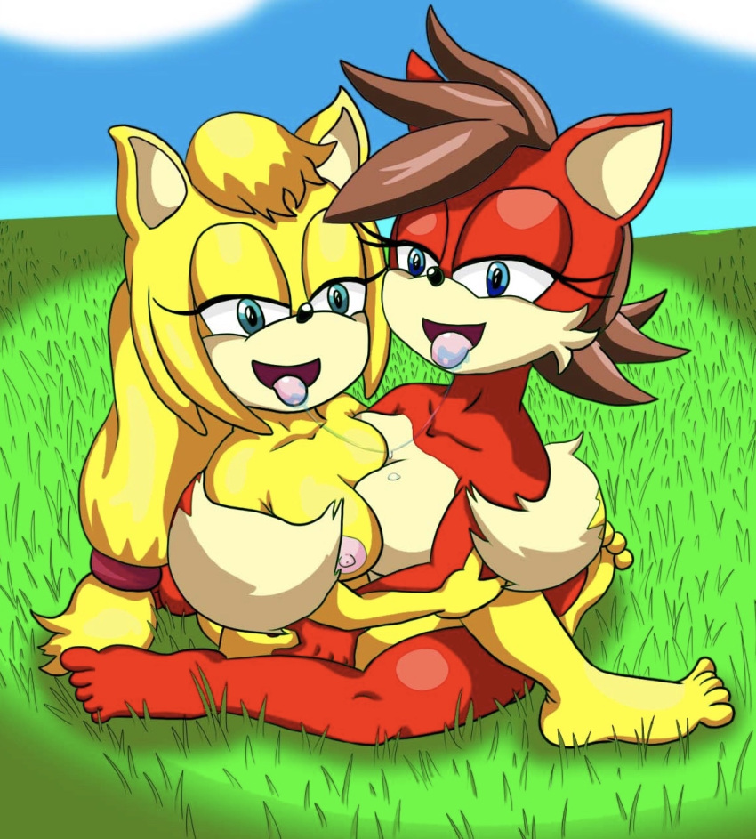 bodily_fluids breasts cuddling duo feet female female/female field fiona_fox grass hi_res looking_at_viewer nude public saliva saliva_string sky sonic_(series) tinydevilhorns tinydevilhorns_(artist) zooey_the_fox