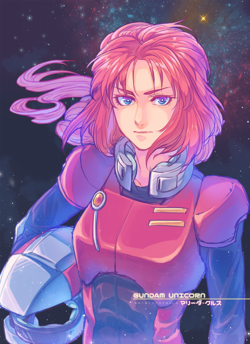 1girl bodysuit closed_mouth commentary_request gundam gundam_unicorn helmet highres long_hair looking_at_viewer marida_cruz orca9102 pilot_suit purple_eyes solo space star