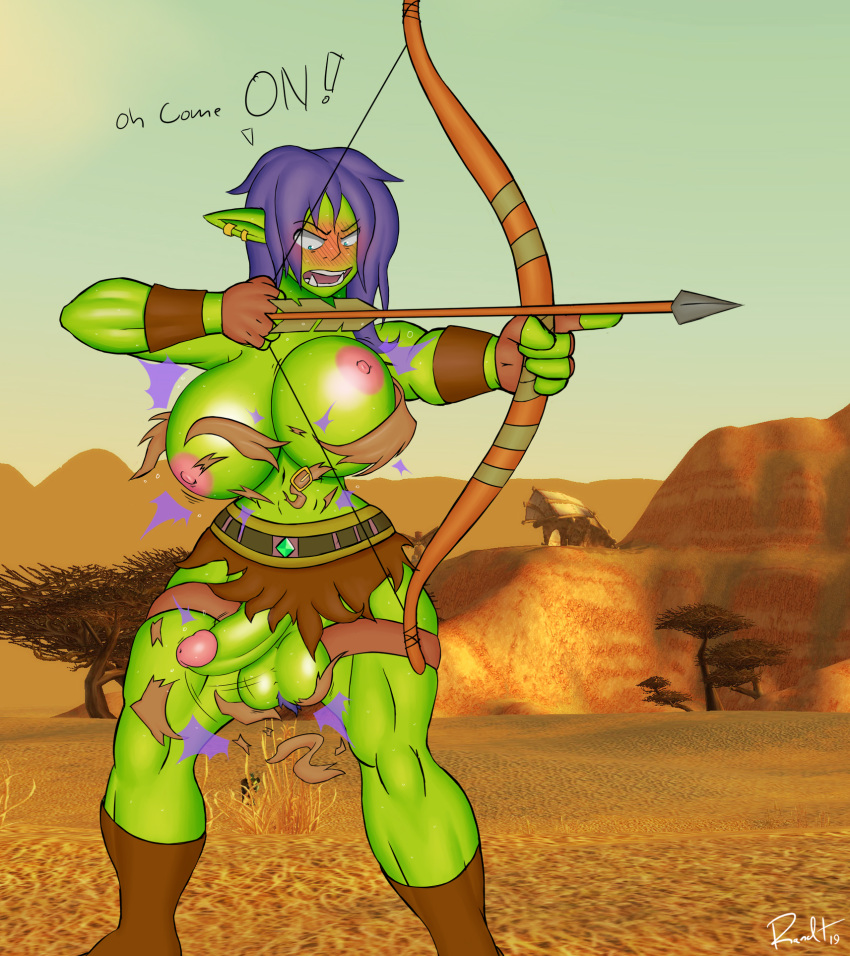 2019 angry arrow balls big_balls big_breasts big_penis blizzard_entertainment blush bodily_fluids boots bottomwear bow breasts bulge clothed clothing dialogue digital_media_(artwork) english_text footwear gloves green_skin hair handwear hi_res holding_object holding_weapon huge_breasts humanoid hunter intersex leather loincloth muscular navel nipples not_furry open_mouth orc penis pubes purple_hair randt ranged_weapon solo text thick_thighs topless video_games warcraft weapon