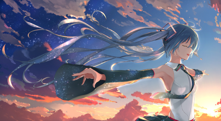 aqua_hair clouds hatsune_miku long_hair no_bra piisu sky tie twintails vocaloid