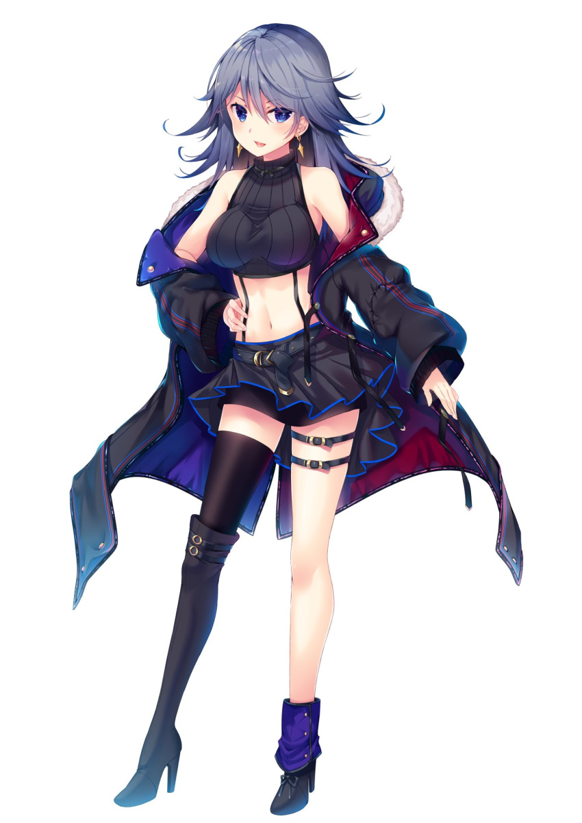 1girl amamiya_minato_(vtuber) bangs bare_legs bare_shoulders belt black_jacket black_legwear black_shirt black_skirt blue_eyes boots breasts check_character commentary_request copyright_request crop_top earrings full_body fur_trim grey_hair hair_between_eyes hand_on_hip high_heels highres jacket jewelry ko_yu large_breasts leg_belt long_hair long_sleeves looking_at_viewer midriff miniskirt mismatched_footwear navel off_shoulder official_art open_clothes open_jacket parted_lips ribbed_shirt shirt sidelocks simple_background single_thighhigh skirt sleeveless sleeveless_shirt sleeveless_turtleneck smile solo standing suspenders thigh_boots thighhighs turtleneck virtual_youtuber white_background