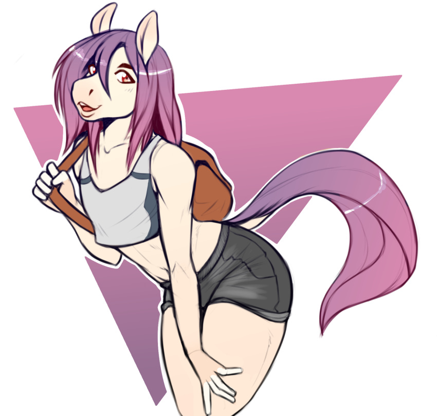 5_fingers ambiguous_gender anthro backpack biped bottomwear clothing crop_top digital_media_(artwork) equid equine eyebrows fingerless_(marking) fingers fur girly hair hi_res horse long_hair long_tail looking_at_viewer mammal open_mouth open_smile pink_eyes portrait pose purple_hair purple_tail shirt shorts simple_background smile solo tan_ears tan_fur three-quarter_portrait topwear white_background zkelle