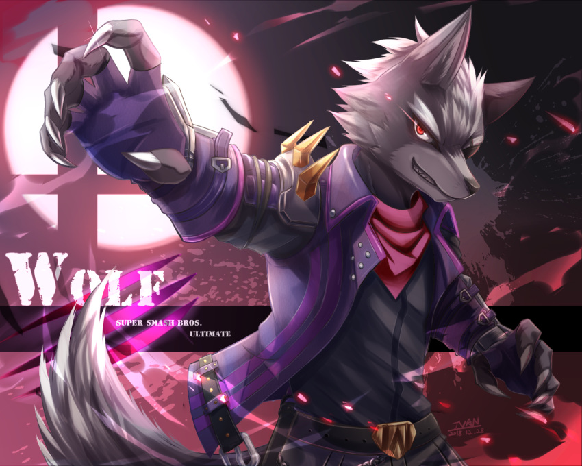 2019 5:4 anthro belt canid canine canis claws clothing fingerless_gloves fur gloves grey_fur handwear hi_res ivan-jhang jacket logo male mammal nintendo red_eyes scarf signature smile solo star_fox super_smash_bros. topwear video_games wolf wolf_o'donnell