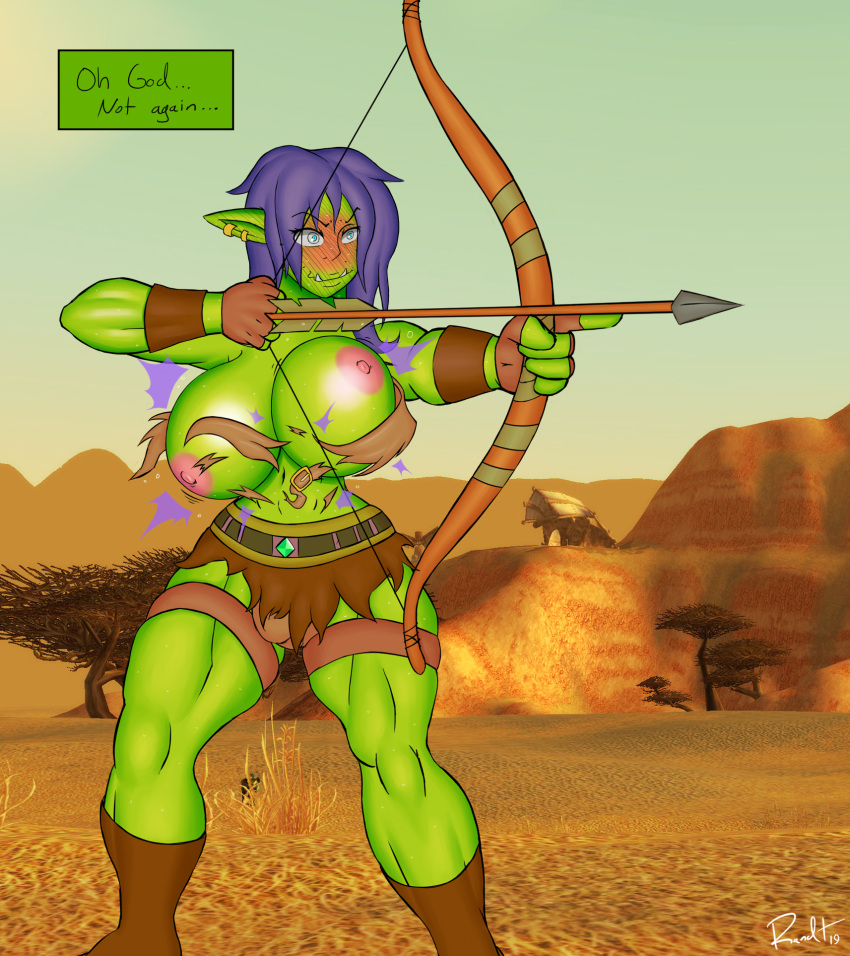 2019 arrow big_breasts blizzard_entertainment blush bodily_fluids boots bottomwear bow breasts bulge clothed clothing digital_media_(artwork) footwear gloves green_skin hair handwear hi_res holding_object holding_weapon huge_breasts humanoid hunter intersex leather loincloth muscular navel nipples not_furry orc purple_hair randt ranged_weapon solo thick_thighs topless video_games warcraft weapon