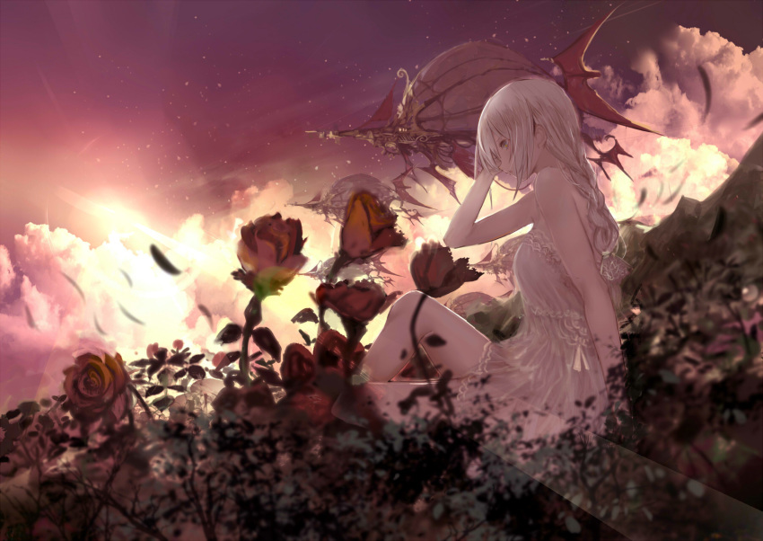 1girl aircraft airship bangs bare_arms bare_shoulders blurry blurry_foreground braid breasts cloud commentary_request depth_of_field dress flower grey_eyes hair_between_eyes hand_up highres knee_up long_hair original outdoors petals red_flower red_rose rose shiabisu single_braid sitting sky small_breasts solo white_dress white_hair