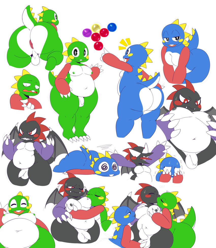 2019 4_fingers absurd_res anthro anthrofied anus backsack ball_fondling balls big_butt black_scales blue_scales blush bob_(bubble_bobble) bodily_fluids bub_(bubble_bobble) bubble_bobble bubble_dragon butt develon_(bubble_bobble) dragon fingers flaccid fondling genital_fluids gesture green_nipples green_scales grin group group_sex hi_res kissing looking_at_viewer lying male male/male membrane_(anatomy) membranous_wings multiple_scenes navel nipple_suck nipples nude open_mouth open_smile penis pointing precum rear_view red_eyes scales scalie seductive sex sharp_teeth slightly_chubby smile sssonic2 standing sucking taito teeth threesome video_games waving white_scales wings