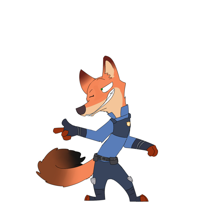 1:1 aquestionableponyblog canid canine clothing disney fox grin hi_res male mammal nick_wilde one_eye_closed smile solo uniform wink zootopia