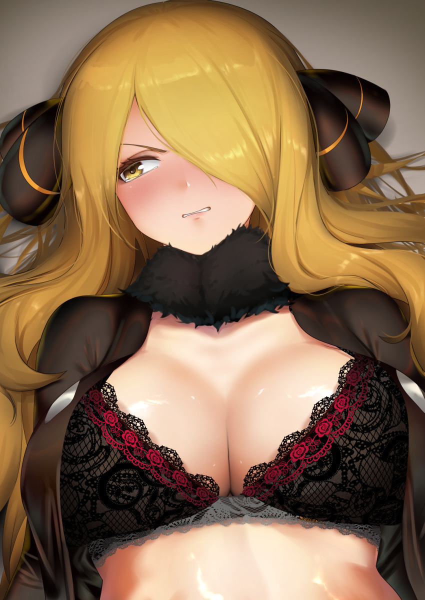 1girl black_bra blonde_hair blush bra breasts cleavage clenched_teeth fur_collar grey_background hair_ornament highres kashu_(hizake) lace lace-trimmed_bra large_breasts lingerie long_hair open_clothes parted_lips pokemon pokemon_(game) pokemon_dppt shirona_(pokemon) solo tearing_up teeth underwear upper_body v-shaped_eyebrows yellow_eyes