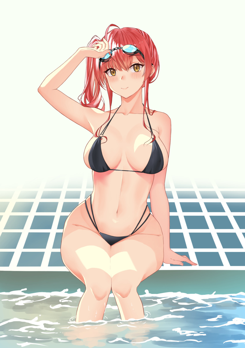 1girl absurdres ahoge alternate_costume arm_support arm_up azur_lane bangs bare_shoulders bikini black_bikini blush breasts brown_eyes closed_mouth collarbone foreshortening goggles goggles_on_head hair_between_eyes hand_on_forehead highres large_breasts long_hair looking_at_viewer multi-strapped_bikini navel nekoma0116 o-ring o-ring_bikini pool poolside red_hair side_ponytail simple_background sitting smile soaking_feet solo swimsuit thick_thighs thighs tile_floor tiles water white_background wide_hips zara_(azur_lane) zara_(poolside_coincidence)_(azur_lane)