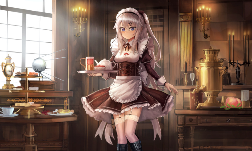 1girl 9a-91_(girls_frontline) apron back_bow belt_boots black_bow black_dress black_footwear black_skirt blue_eyes boots bow breasts candelabra candle candlelight candlestand cup desk dress food frills fruit garter_straps girls_frontline hair_ornament holster lithium10mg long_bangs long_hair long_sleeves looking_at_viewer maid_apron maid_headdress neck_ribbon pastry plate ponytail ribbon serving silver_hair skirt sleeve_cuffs small_breasts sputnik sunlight table teacup teapot thigh_holster thighhighs tiered_tray tray white_legwear window zettai_ryouiki