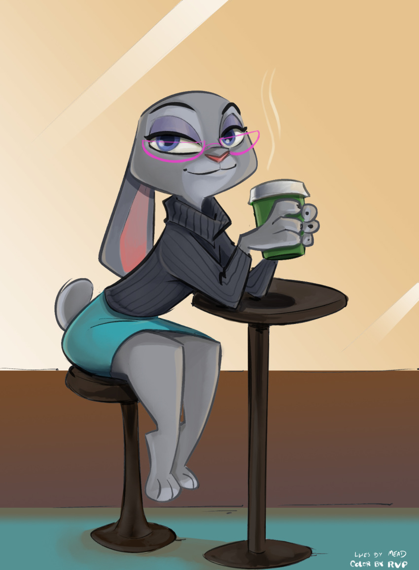 anthro beverage blue_eyes bottomwear caliosidhe chair clothing disney ears_down eyewear female glasses hi_res holding_object inside lagomorph leporid looking_at_viewer mammal mistermead pivoted_ears rabbit sitting skirt smile solo stool sweater table topwear violet_hopps zootopia