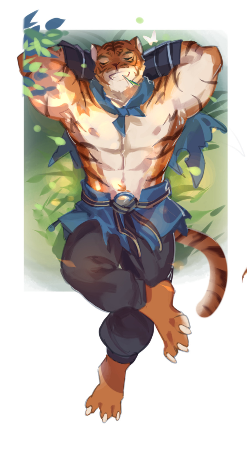 2018 abs anthro biceps clothed clothing crrispy_shark digital_media_(artwork) felid fur hi_res kemono male mammal muscular muscular_male pang pantherine sdorica_sunset simple_background solo stripes tiger topless