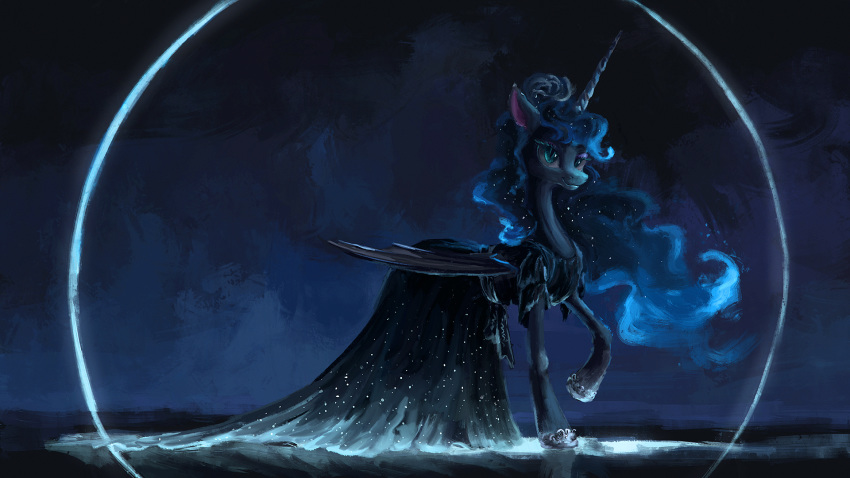 16:9 2019 bat_wings blue_eyes blue_hair blue_theme bubble clothing dress equid ethereal_hair female friendship_is_magic glowing hair hi_res horn long_hair looking_at_viewer mammal membrane_(anatomy) membranous_wings my_little_pony nightmare_moon_(mlp) plainoasis pseudo_hair slit_pupils solo sparkles winged_unicorn wings