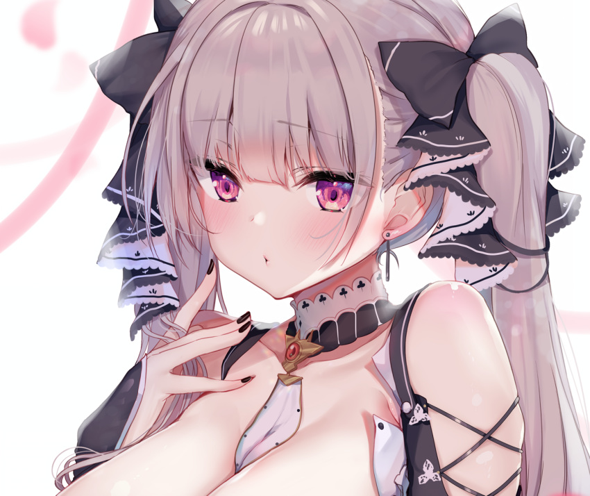 anthropomorphism ayuma_sayu azur_lane blush bow breasts cleavage cropped formidable_(azur_lane) goth-loli gray_hair lolita_fashion long_hair pink_eyes twintails waifu2x