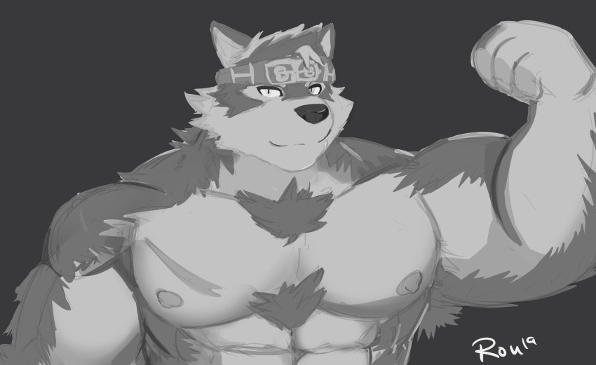 abs accessory anthro armpit_hair biped canid canine canis flexing fur headband hi_res horkeukamui male mammal muscular nipples pecs radcanine scar solo tokyo_afterschool_summoners video_games white_fur wolf