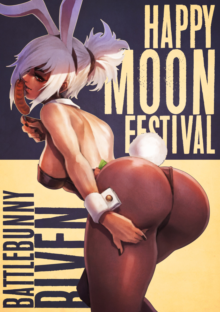 1girl absurdres animal_ears ass ass_focus ass_support battle_bunny_riven bent_over black_nails breasts bunny_ears bunny_girl bunny_tail bunnysuit character_name commentary detached_collar english_commentary fake_animal_ears folded_ponytail food highres large_breasts league_of_legends leotard looking_back monori_rogue pantyhose phallic_symbol red_eyes riven_(league_of_legends) sausage sideboob solo strapless strapless_leotard tail thick_thighs thighs white_hair