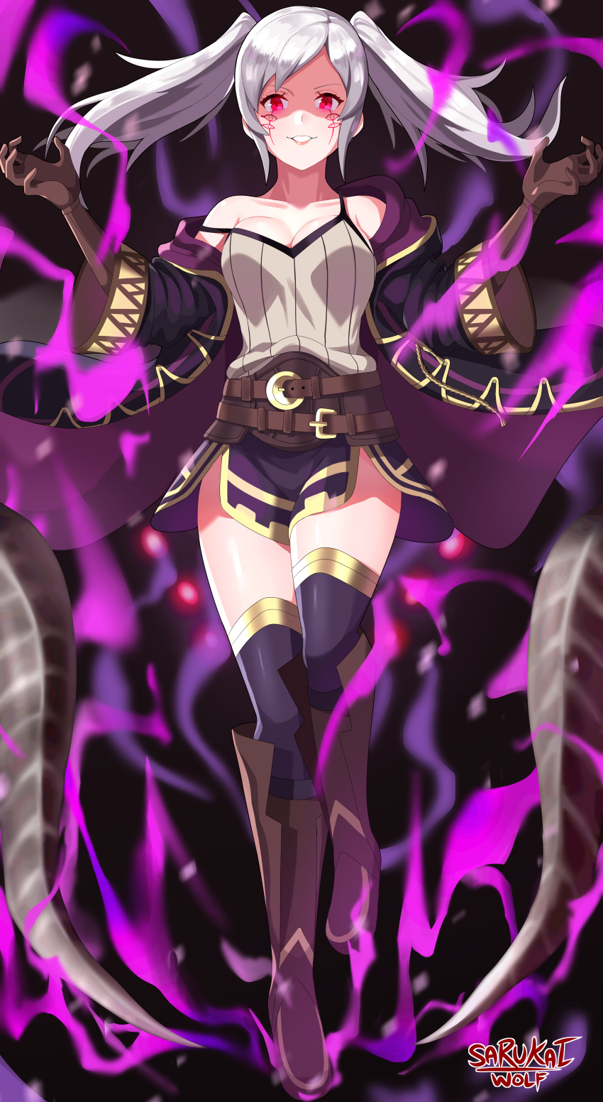 1girl absurdres artist_name aura bare_shoulders belt black_legwear boots breasts cleavage collarbone corruption dark_aura dark_persona fire_emblem fire_emblem_awakening fire_emblem_heroes grima_(fire_emblem) grin highres horns huge_filesize large_breasts long_hair long_sleeves miniskirt off-shoulder_shirt off_shoulder robe robin_(fire_emblem) robin_(fire_emblem)_(female) sarukaiwolf shirt silver_hair skirt smile solo super_smash_bros. thighhighs twintails wide_sleeves zettai_ryouiki