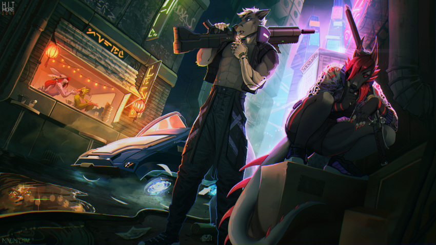16:9 2019 abs anthro building canid canine canis clothed clothing detailed_background digital_media_(artwork) domestic_dog duo_focus female footwear group hair hitmore holding_gun holding_object holding_weapon hybrid male mammal night red_hair reflection shoes signature standing weapon