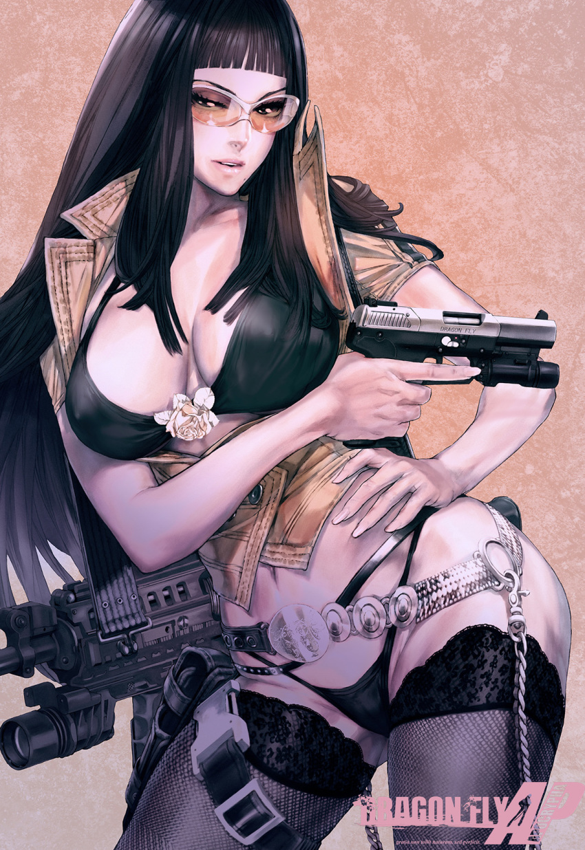 1girl bangs belt beltskirt bikini black_hair blunt_bangs breasts chain cleavage commentary commentary_request dragon_fly fishnet_legwear fishnets five-seven_(gun) gun hand_on_hip handgun highres holding holding_gun holding_weapon holster large_breasts lips long_hair maeshima_shigeki mole mole_under_mouth orange-tinted_eyewear panties pistol pouty_lips revision sara_(dragon_fly) shooting_glasses solo swimsuit thigh_holster thigh_strap thighhighs thong trigger_discipline underwear weapon yellow-tinted_eyewear