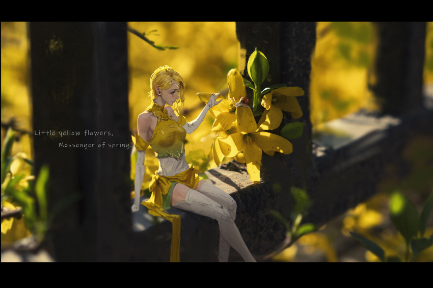 1girl blonde_hair blurry blurry_background breasts bridal_gauntlets circlet day earrings english_commentary english_text flower gloves grass highres jewelry minigirl original outdoors pointy_ears rui_li sitting sleeveless small_breasts solo thighhighs white_gloves white_legwear yellow_flower
