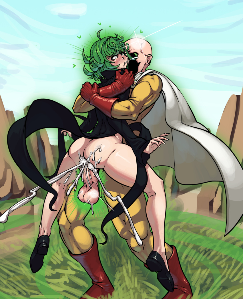 1boy 1girl ahoge ass aura bald bearhug black_dress black_footwear blush boxman cape clothed_sex constricted_pupils cum cum_in_mouth cum_in_pussy curly_hair dress erection full-face_blush gloves green_eyes green_hair heart height_difference hetero highres hug jumpsuit kneepits large_penis muscle no_panties one-punch_man overflow penis red_footwear red_gloves saitama_(one-punch_man) shaded_face short_hair standing standing_sex superhero tatsumaki thick_thighs thighs uncensored veins veiny_penis