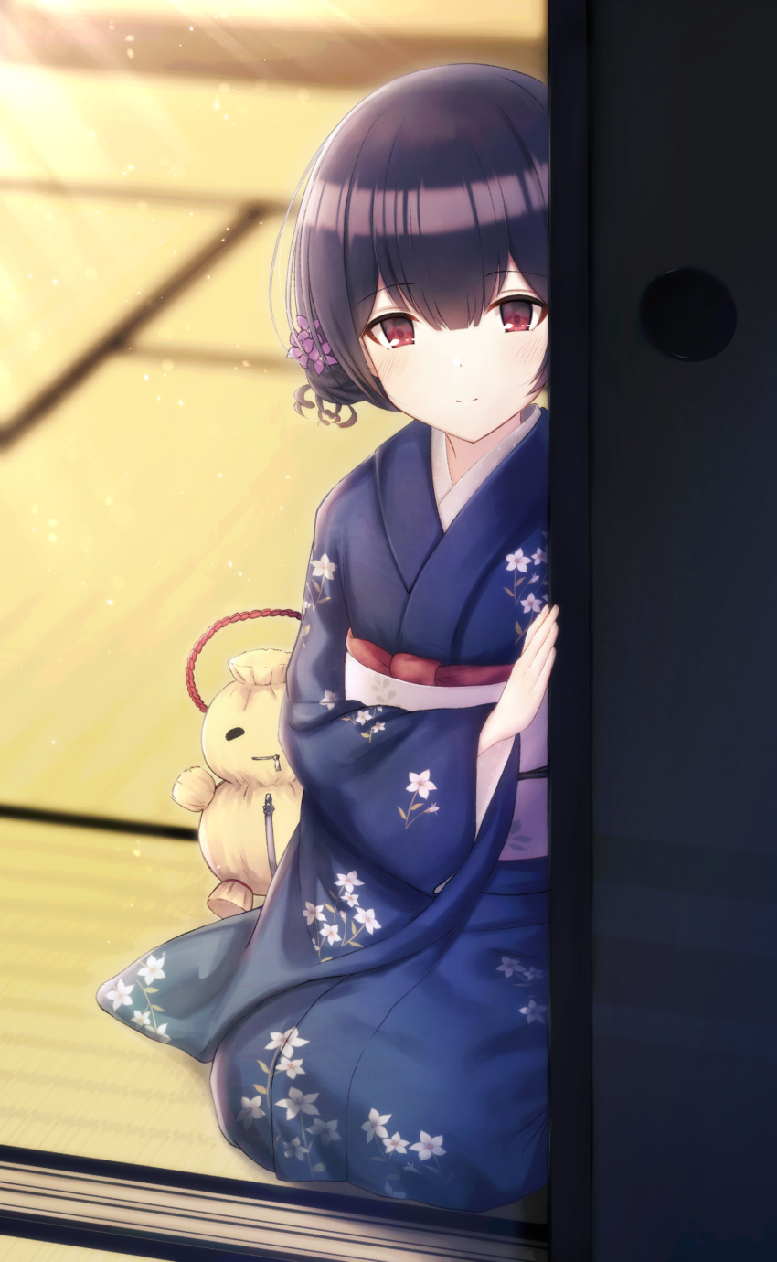 1girl absurdres bangs black_hair blue_kimono blurry closed_mouth commentary cotrpopor day depth_of_field doll eyebrows_visible_through_hair floral_print flower fusuma hair_between_eyes hair_bun hair_flower hair_ornament highres idolmaster idolmaster_shiny_colors indoors japanese_clothes kimono light_rays light_smile long_sleeves looking_at_viewer morino_rinze obi print_kimono purple_flower red_eyes sash seiza shade shiny shiny_hair short_hair sidelocks sitting sliding_doors solo straw_doll sunlight symbol_commentary tatami white_background wide_sleeves zipper zipper_pull_tab