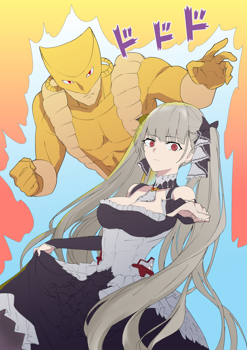 1girl azur_lane between_breasts black_dress black_nails breasts cleavage dress earrings formidable_(azur_lane) frilled_dress frills grey_hair helmet highres holding_dress jewelry jojo_no_kimyou_na_bouken muscle platinum_blonde_hair skirt_hold stand_(jojo) stardust_crusaders suprii the_world time_stop twintails two-tone_dress two-tone_ribbon