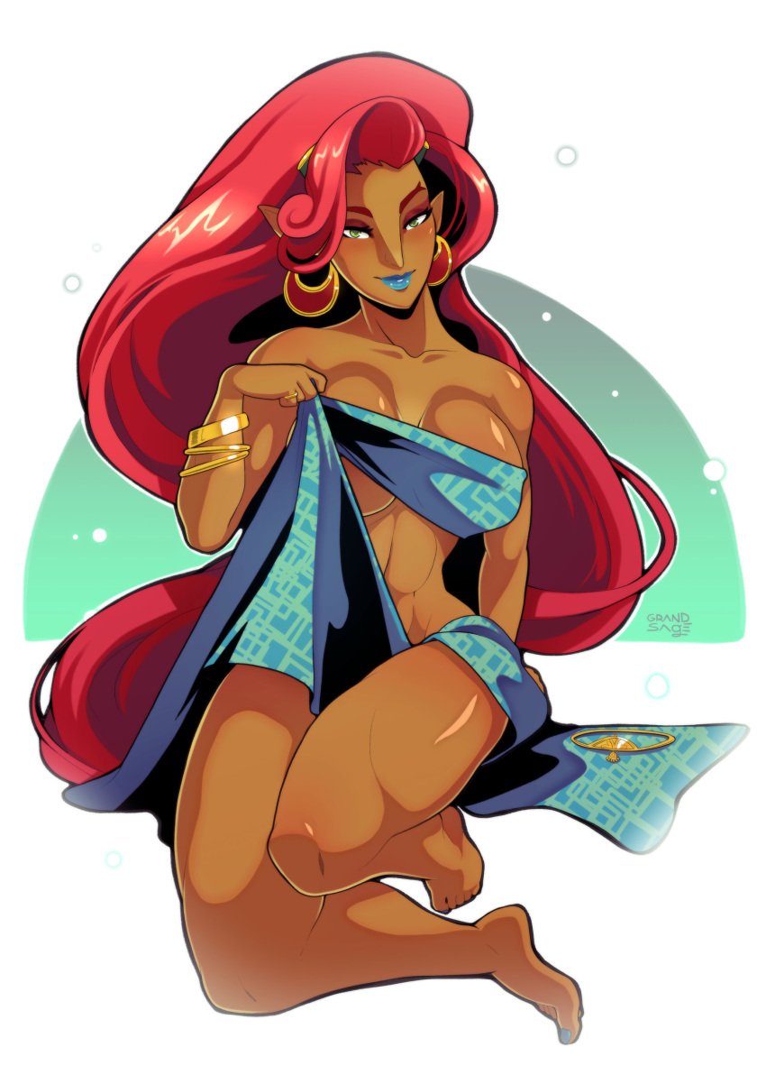 absurd_res bedroom_eyes breasts breath_of_the_wild ear_piercing female gerudo grand-sage green_eyes hair half-closed_eyes hi_res humanoid humanoid_pointy_ears long_hair looking_at_viewer muscular muscular_female nintendo not_furry piercing red_hair seductive simple_background the_legend_of_zelda urbosa video_games