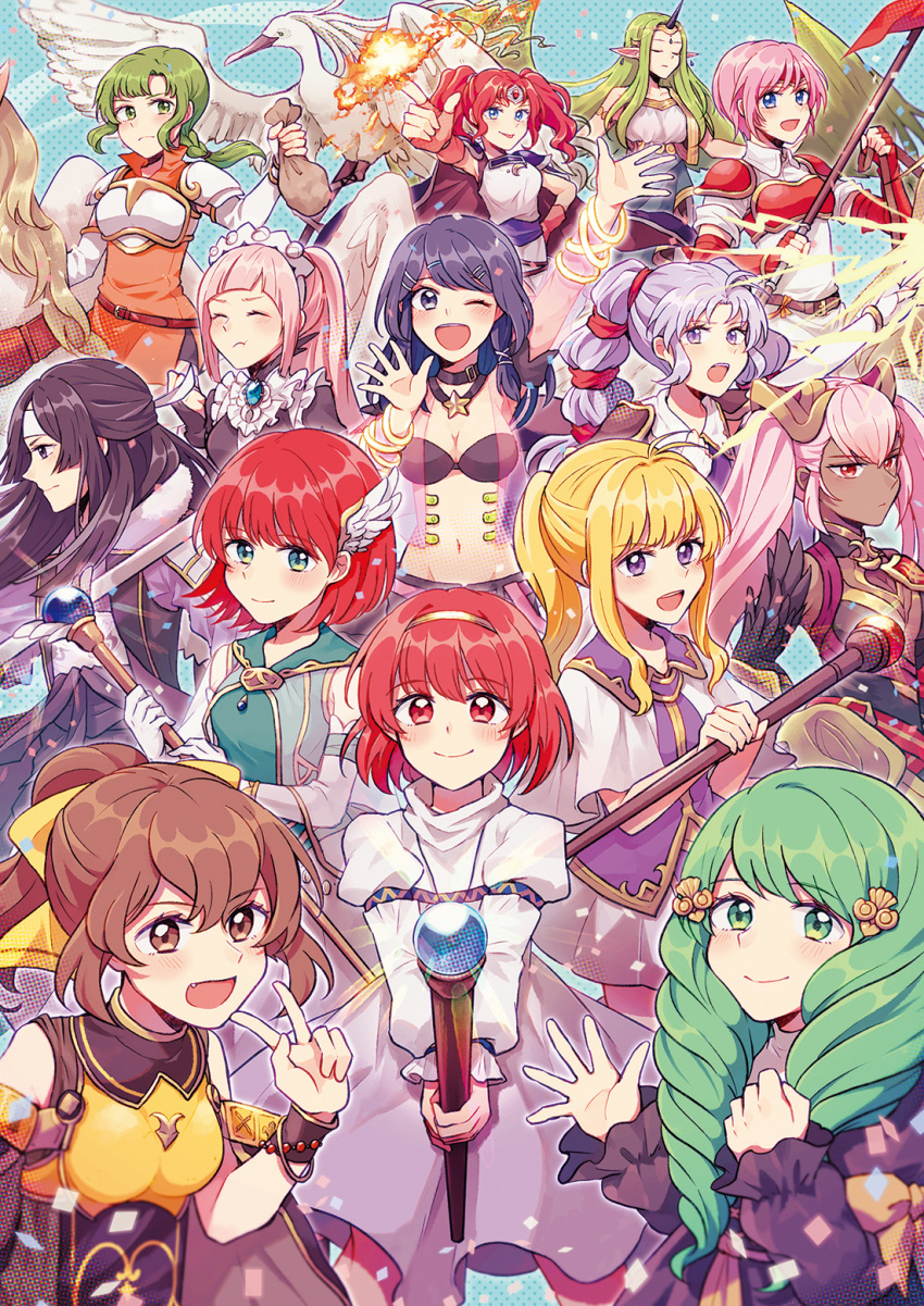 6+girls arm_up black_hair blonde_hair bow bracelet breastplate breasts breasts_apart brown_eyes brown_hair circlet clarine cleavage closed_mouth dark_skin delthea_(fire_emblem) earrings elbow_gloves fang feather_trim felicia_(fire_emblem) fire fire_emblem fire_emblem:_genealogy_of_the_holy_war fire_emblem:_mystery_of_the_emblem fire_emblem:_path_of_radiance fire_emblem:_the_binding_blade fire_emblem:_the_blazing_blade fire_emblem:_the_sacred_stones fire_emblem:_three_houses fire_emblem_awakening fire_emblem_echoes:_shadows_of_valentia fire_emblem_fates fire_emblem_heroes flayn_(fire_emblem) garreg_mach_monastery_uniform gen'ei_ibunroku_sharp_fe gloves green_eyes green_hair hair_bow hair_ornament hairband headband highres holding holding_staff holding_weapon jewelry laevatein_(fire_emblem) long_hair long_sleeves maid maid_headdress manakete marcia maria_(fire_emblem) mila_(fire_emblem) multiple_girls navel one_eye_closed open_mouth oribe_tsubasa pegasus_knight pink_hair polearm ponytail priscilla_(fire_emblem) purple_eyes red_eyes red_hair say'ri_(fire_emblem) sisuko1016 smile staff thumbs_up tine_(fire_emblem) twintails uniform vanessa_(fire_emblem) weapon white_gloves
