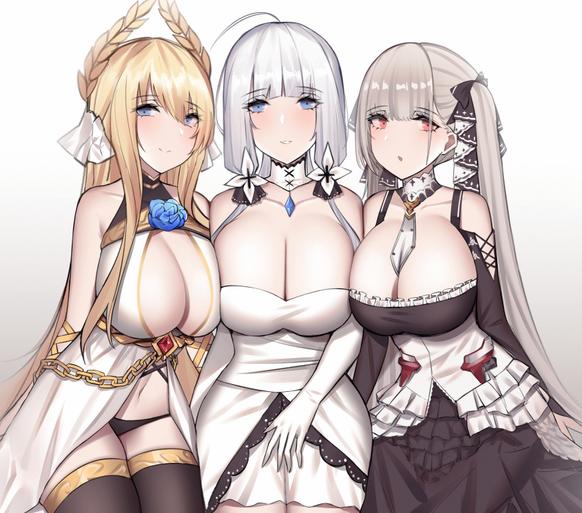 3girls ahoge aogi_(pixiv9459043) azur_lane bangs between_breasts black_dress black_panties blonde_hair blue_eyes blue_flower blue_rose blush breast_press breasts center_opening chain choker cleavage coat_dress commentary_request dress elbow_gloves eyebrows_visible_through_hair flower formidable_(azur_lane) frilled_dress frills gem gloves gold gradient gradient_background grey_hair hair_between_eyes highres illustrious_(azur_lane) large_breasts laurel_crown legs_together long_hair looking_at_viewer low_ponytail multiple_girls panties parted_lips red_eyes revision rose sitting sleeveless sleeveless_dress strapless strapless_dress thighhighs tri_tails twintails two-tone_dress two-tone_ribbon underwear very_long_hair victorious_(azur_lane) white_choker white_dress white_gloves