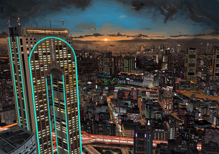 building car city cityscape cloud ferris_wheel ground_vehicle hai_to_hickory highres highway horizon motor_vehicle no_humans original real_world_location road roller_coaster scenery sky skyscraper sun sunset